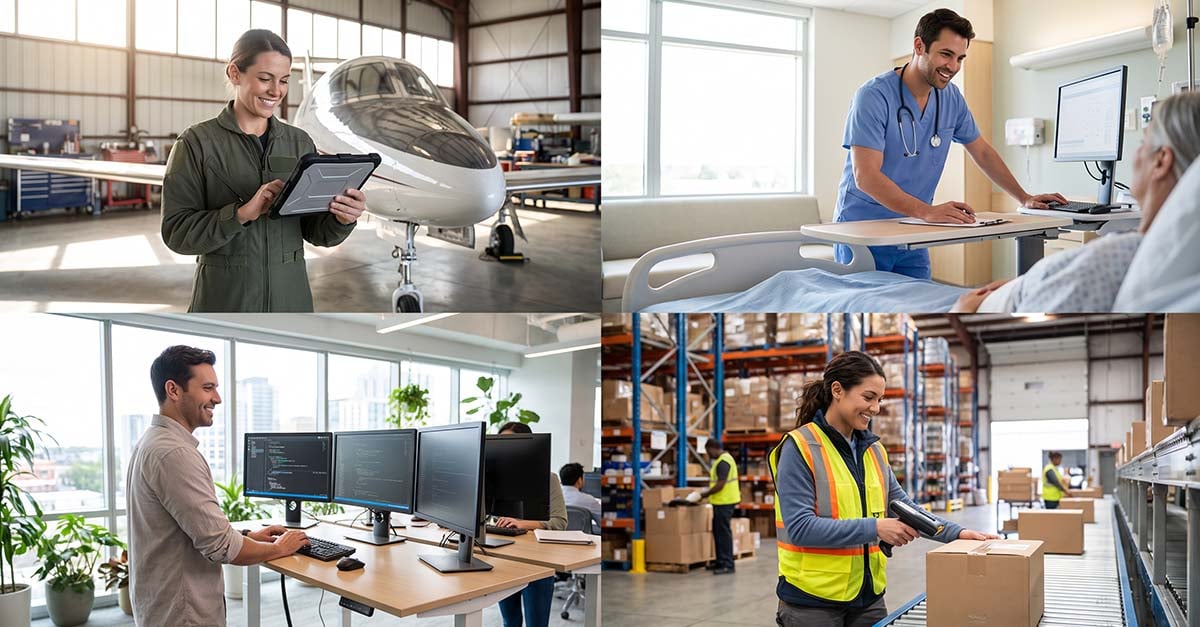 Collage of images displaying career possibilities in aerospace, healthcare, technology, and logistics