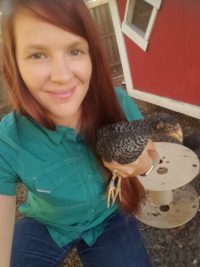 Ferrera with her chicken Randy at Floaty’s Farm.