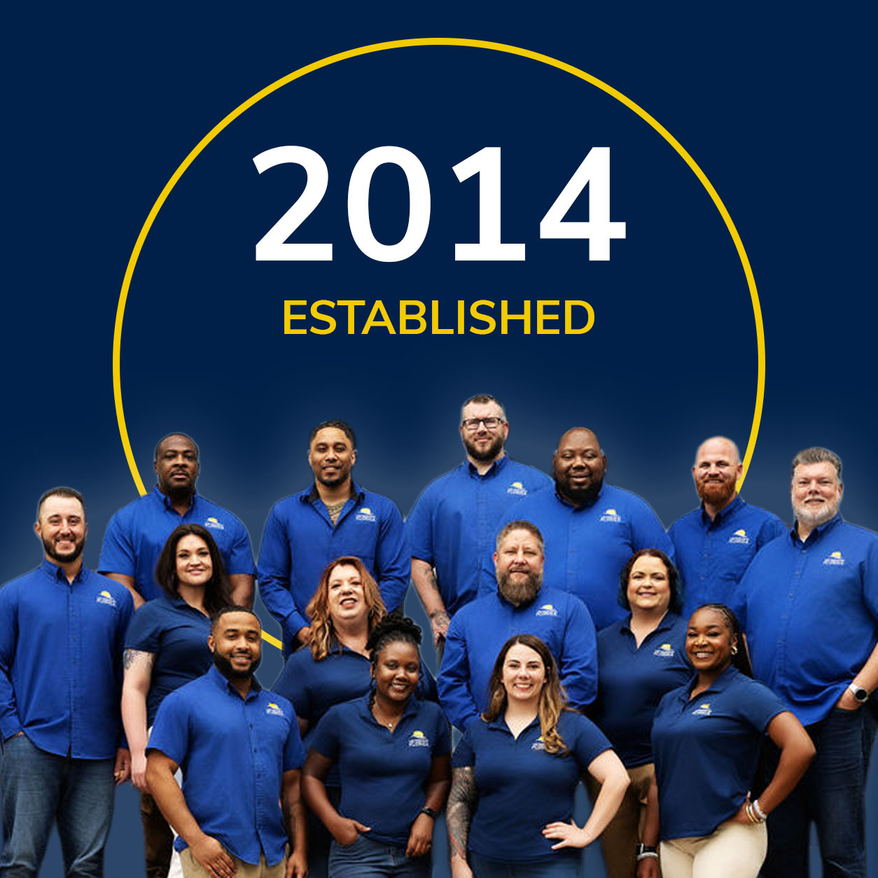 The Veterans Florida team wearing their branded blue shirts in front of a blue background with a yellow half-circle and "2014 established" in white font above them. The Veterans Florida team wearing their branded blue shirts in front of a blue background with a yellow half-circle and "2014 established" in white font above them.
