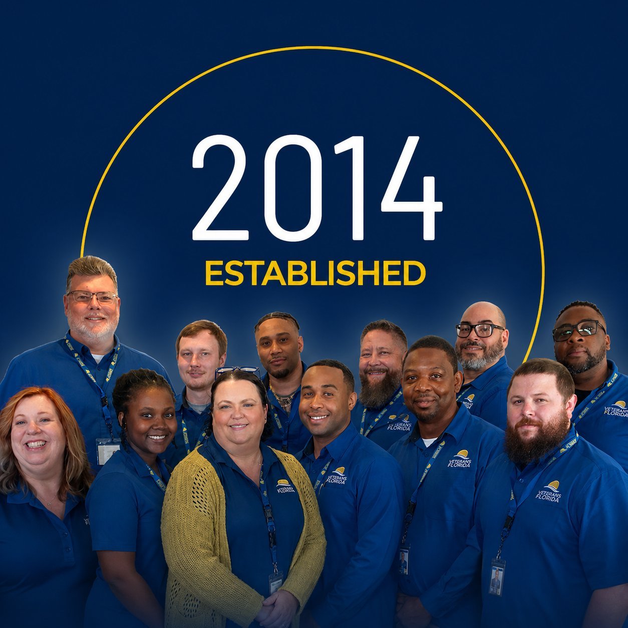 The Veterans Florida team poses together wearing Veterans Florida polo shirts, with the year 2014 Established displayed above them, representing the nonprofit's veteran staff serving servicemembers, veterans, and military spouses across Florida since 2014. The Veterans Florida team poses together wearing Veterans Florida polo shirts, with the year 2014 Established displayed above them, representing the nonprofit's veteran staff serving servicemembers, veterans, and military spouses across Florida since 2014.